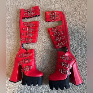 Lamoda Red Buckle Gladiator Platform Boots (Dolls Kill)